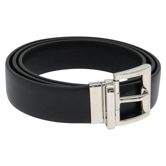 PRADA Belt Leather 35.4"" Black Silver Auth ac3838 - Picture 1 of 16